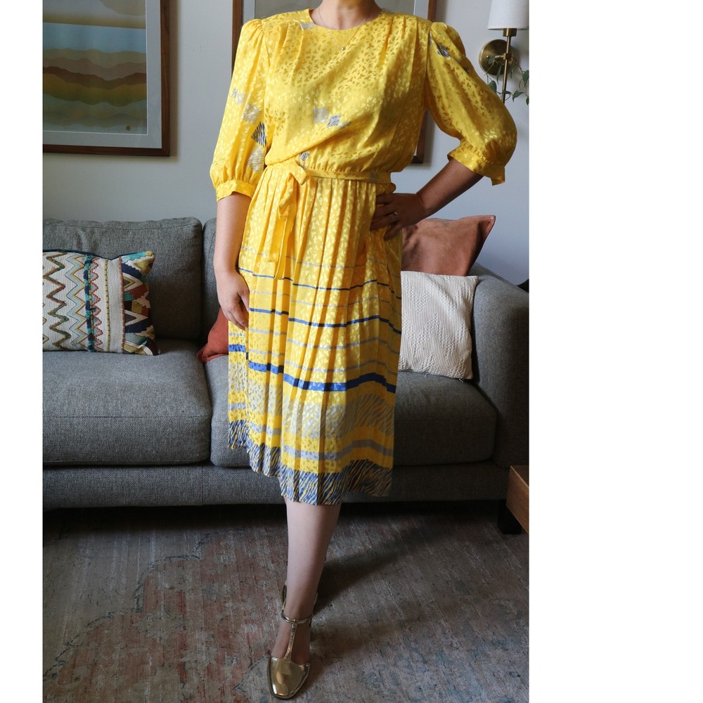 Vintage 80s Adrianna Papell Silk Jacquard Midi‎ Dress 10 Canary Yellow Secretary
